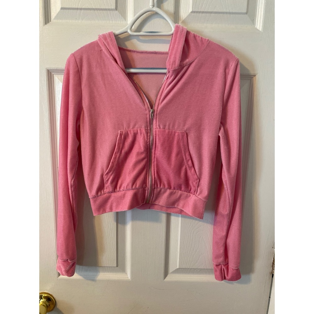 Pink Velour Cropped Zip Up Hoodie Y2K Style Long Sleeve Sweatshirt Small